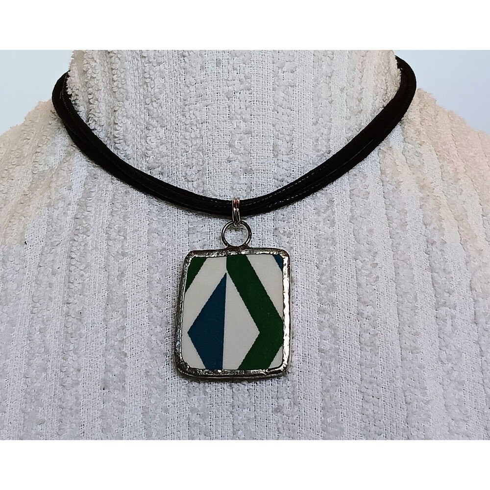 Handmade Broken Pottery Pendant Necklace on Black Cord 14-17 in